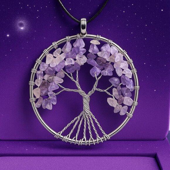 Boho Chic Tree Of Life Necklace Genuine Amethyst Crystals Silver Plated Charm - Picture 12 of 12